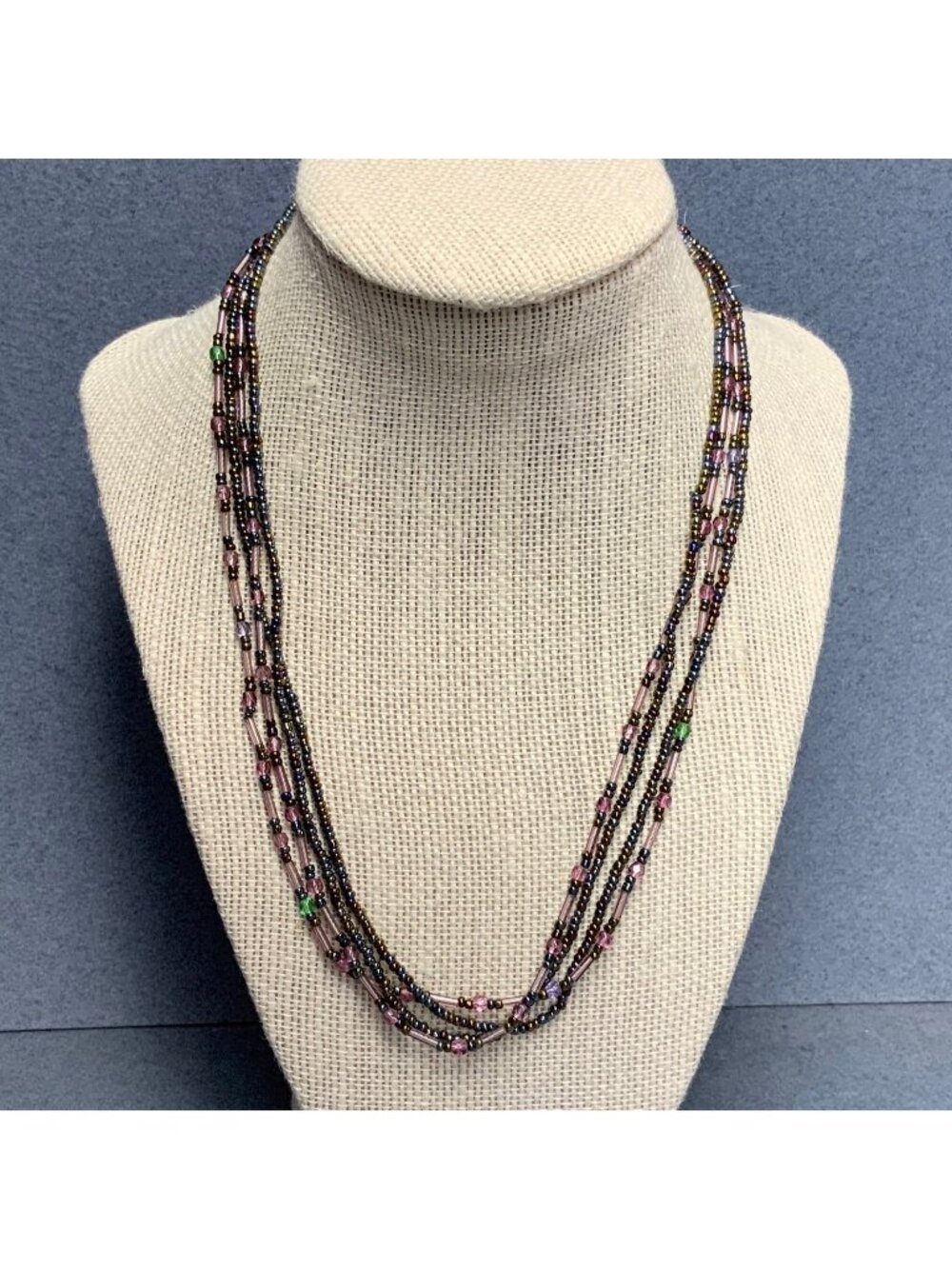 Iridescent Multi-Strand Necklace 18 In Tube Seed Bead Purple Green Gold Vintage